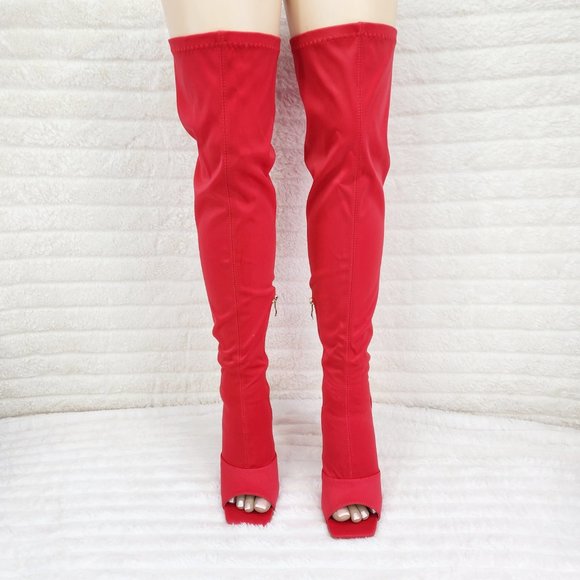 Vicky Bright Red Open Square Toe Stretch Thigh High Heel Sock Boots - Picture 5 of 6